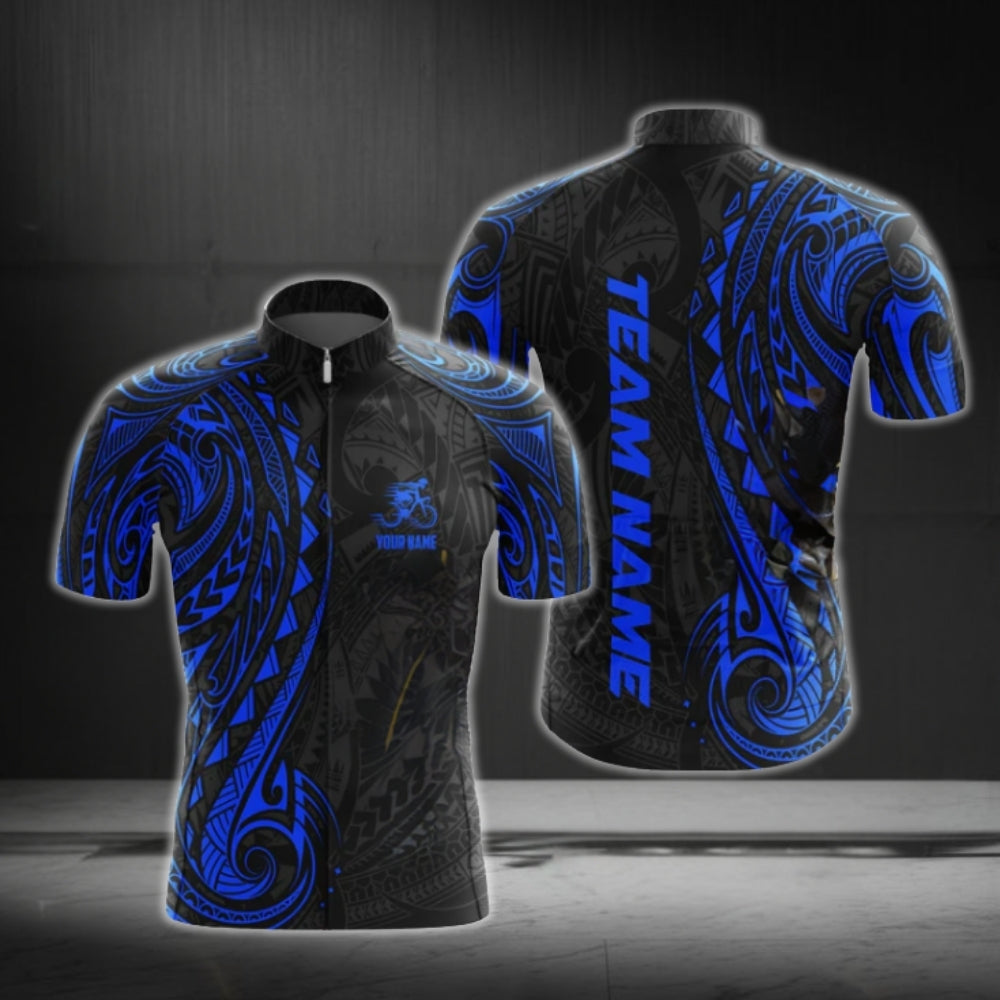 Custom Black Blue Tribal Short Sleeve Cycling Jersey, Custom Tribal Cycling Jerseys CG0489