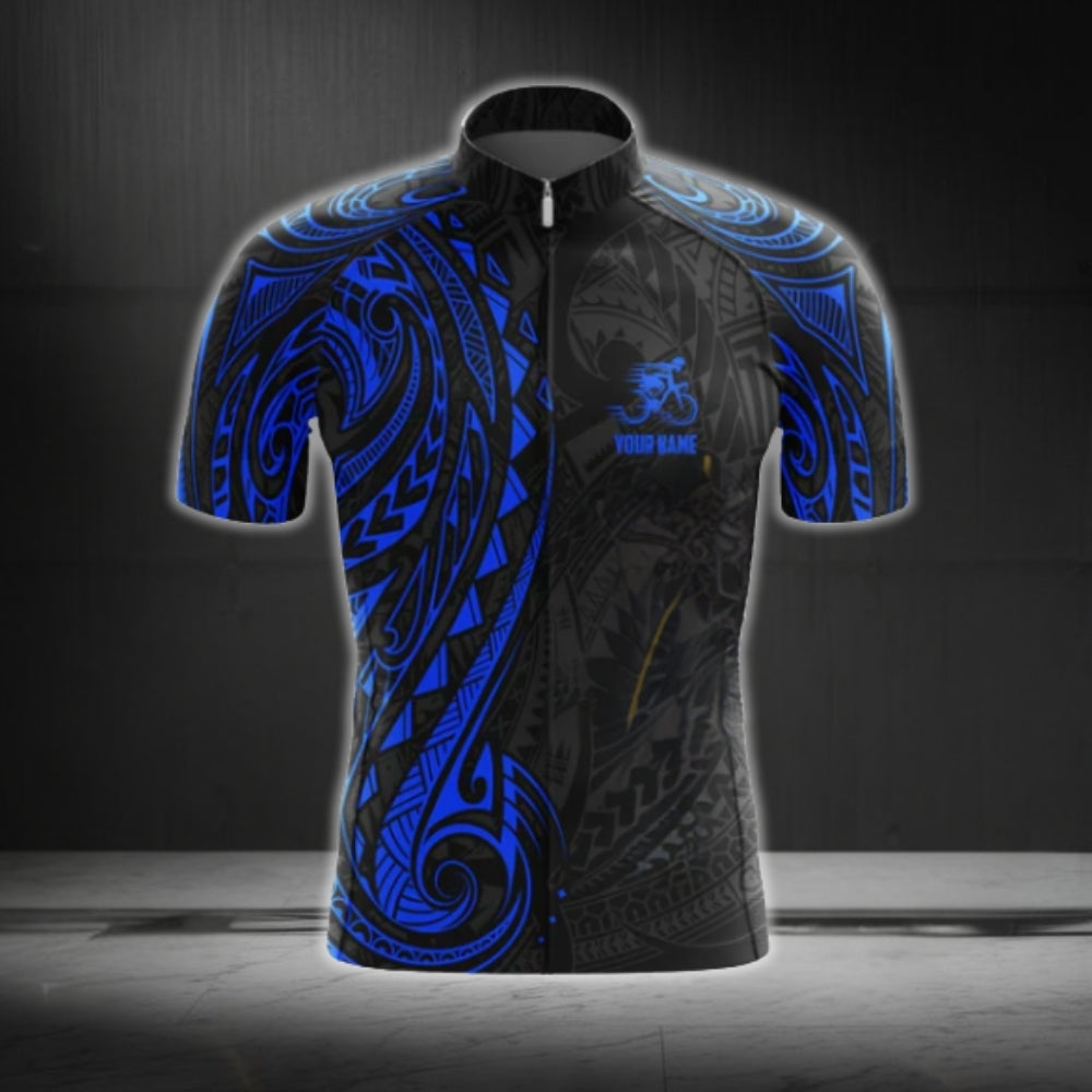Custom Black Blue Tribal Short Sleeve Cycling Jersey, Custom Tribal Cycling Jerseys CG0489