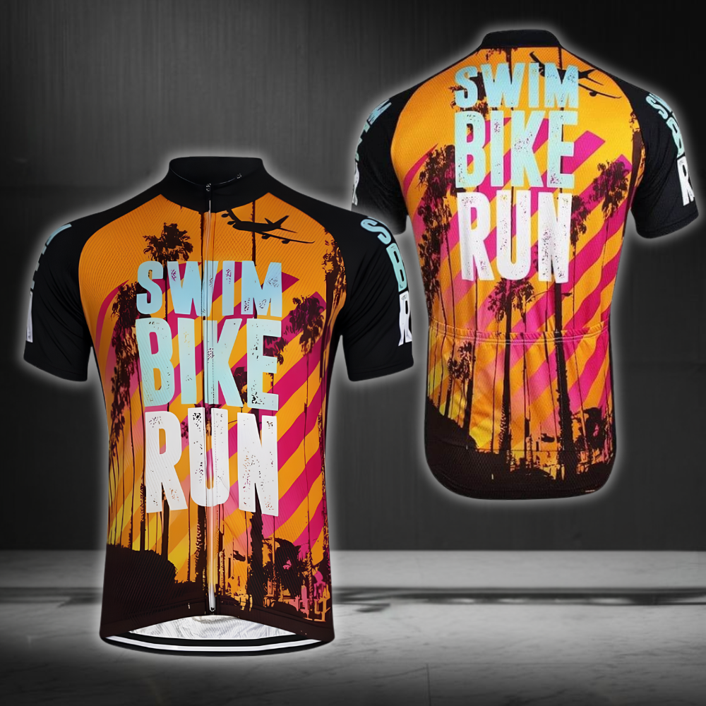 Swim Bike Run Cycling Short Sleeve Jersey For Men, Black Orange Cycling Jersey Shirts CG0830