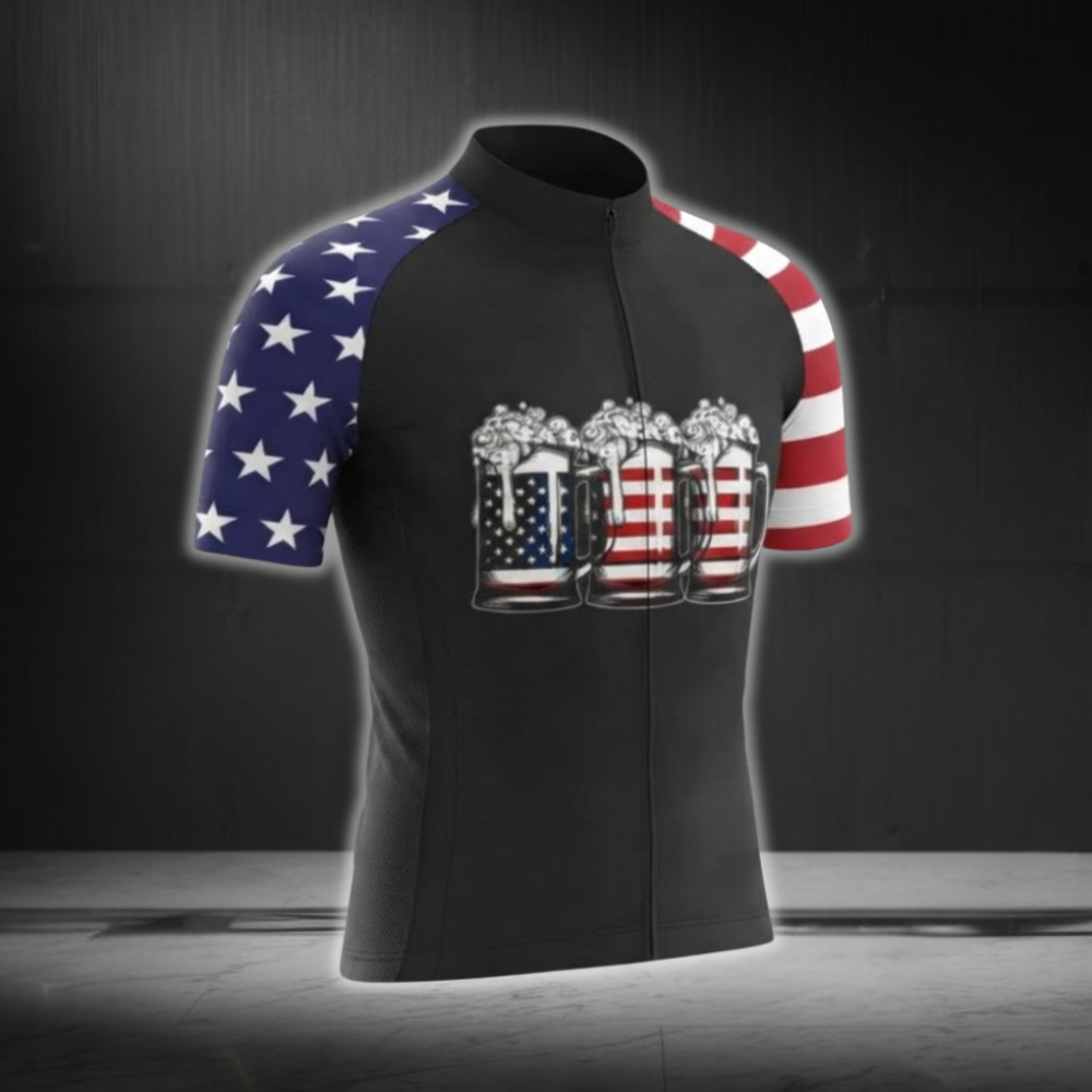 Beer USA Flag Black Cycling Mens Short Sleeve Jersey, Beer Lover Cycling Jersey CG0874