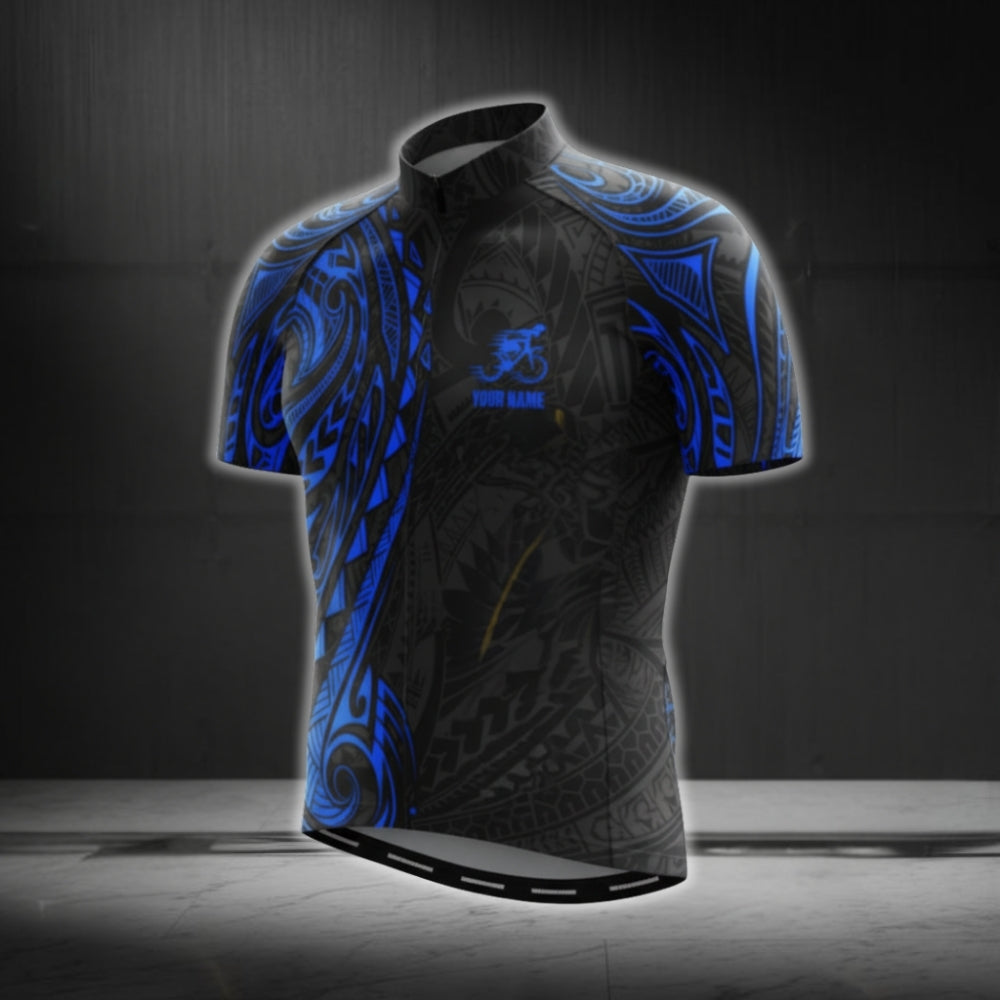 Custom Black Blue Tribal Short Sleeve Cycling Jersey, Custom Tribal Cycling Jerseys CG0489