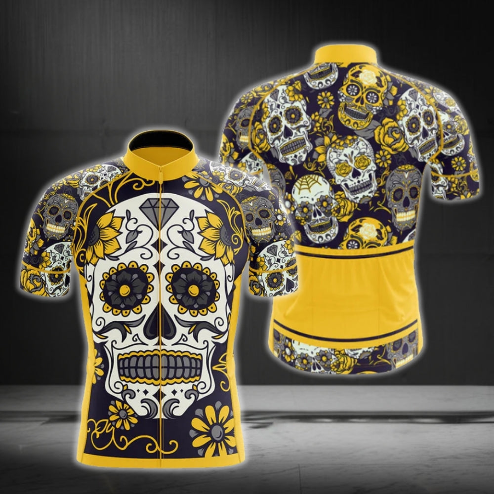 Sugar Skull Black And Yellow Men Cycling Short Sleeve Jersey, Day Of The Dead Cycling Jerseys CG0151
