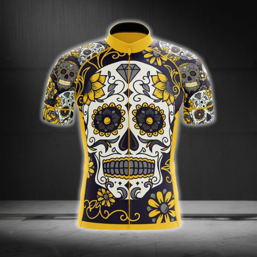 Sugar Skull Black And Yellow Men Cycling Short Sleeve Jersey, Day Of The Dead Cycling Jerseys CG0151