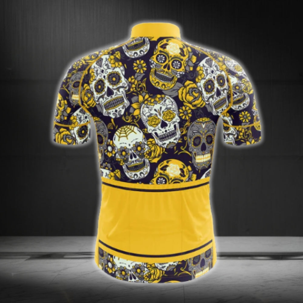 Sugar Skull Black And Yellow Men Cycling Short Sleeve Jersey, Day Of The Dead Cycling Jerseys CG0151