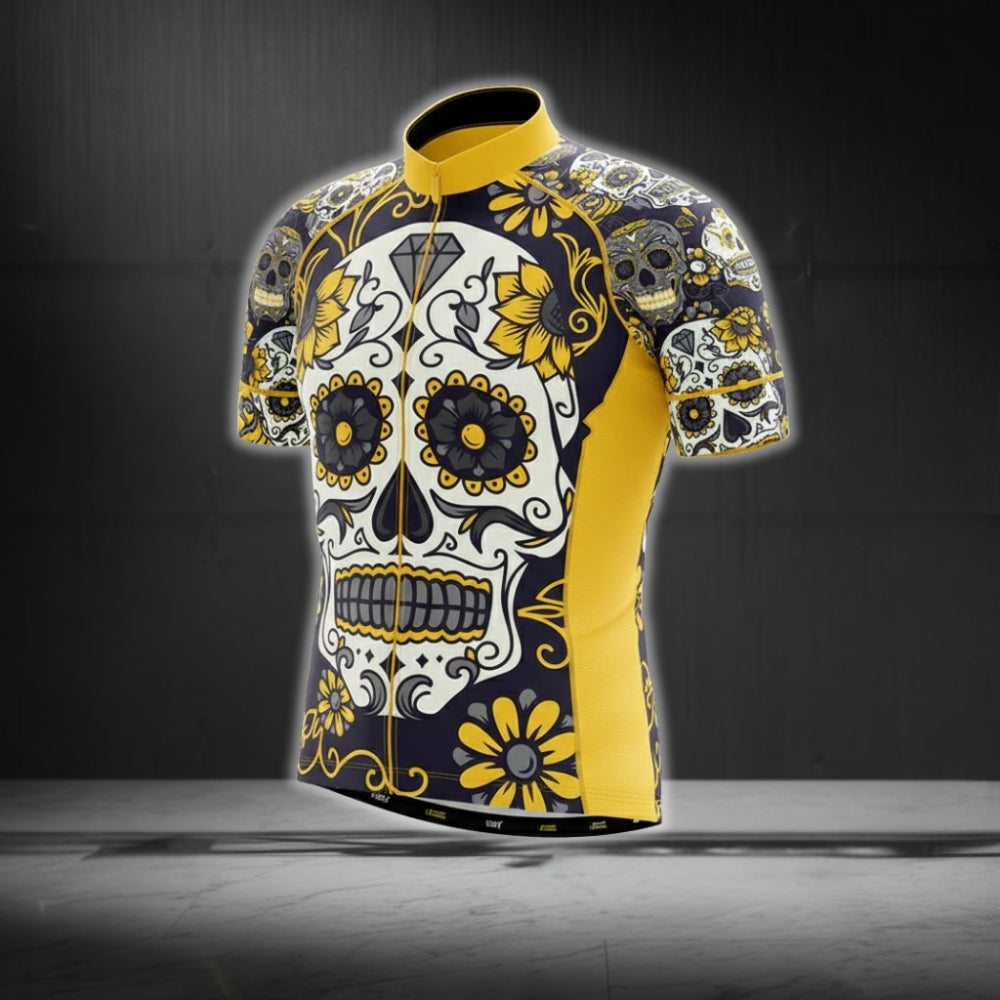Sugar Skull Black And Yellow Men Cycling Short Sleeve Jersey, Day Of The Dead Cycling Jerseys CG0151