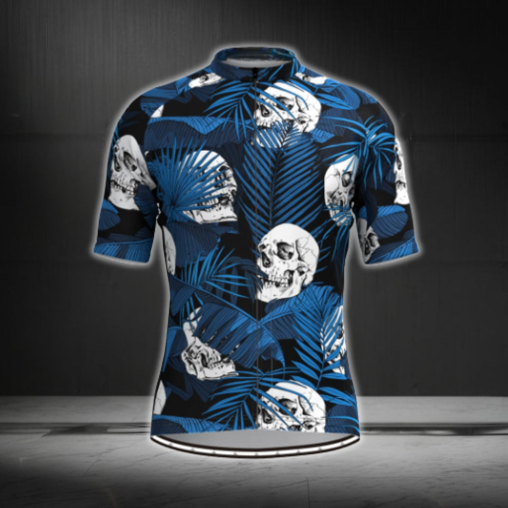 Tropical Skull Blue Cycling Short Sleeve Jersey For Men, Skull Cycling Jerseys CG0362