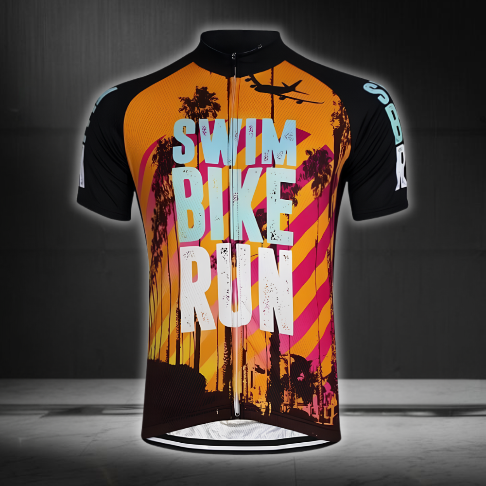 Swim Bike Run Cycling Short Sleeve Jersey For Men, Black Orange Cycling Jersey Shirts CG0830