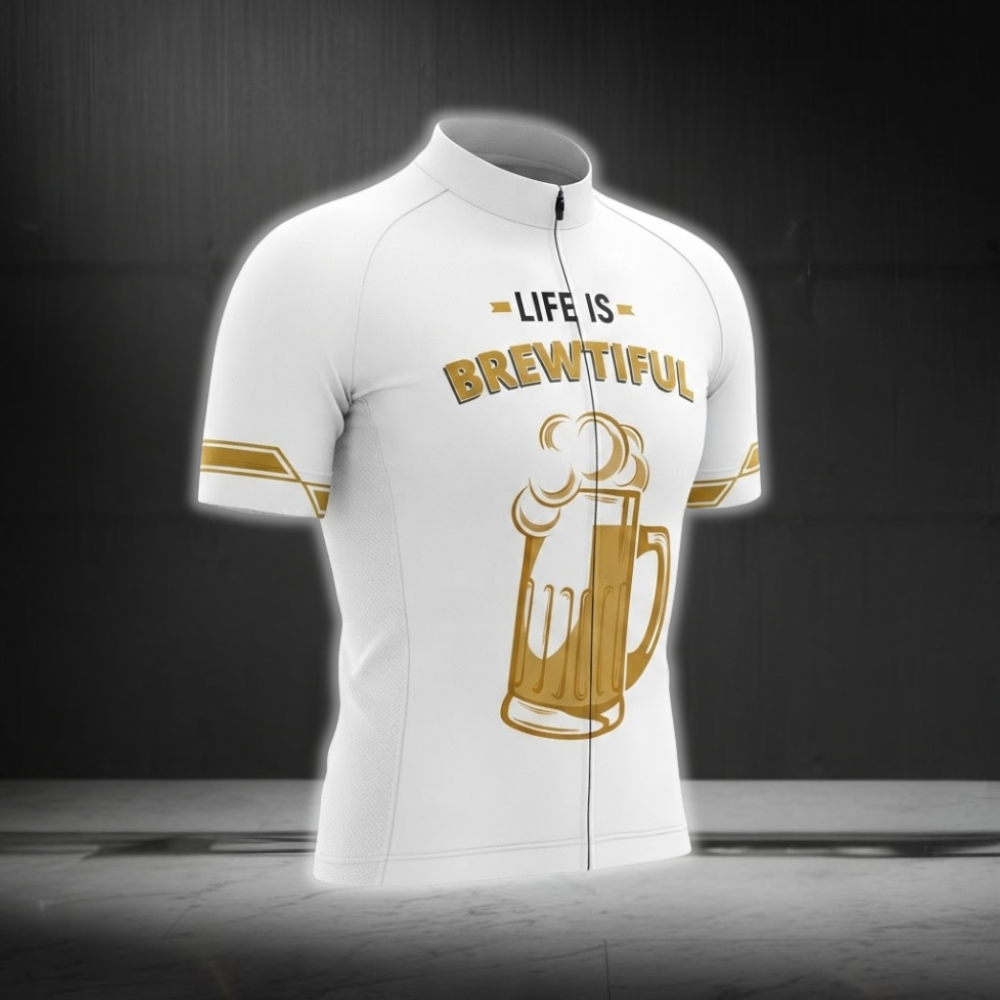 Life Is Brewtiful Cycling Short Sleeve Men's Jersey White Yellow, Funny Beer Cycling Jersey CG0875