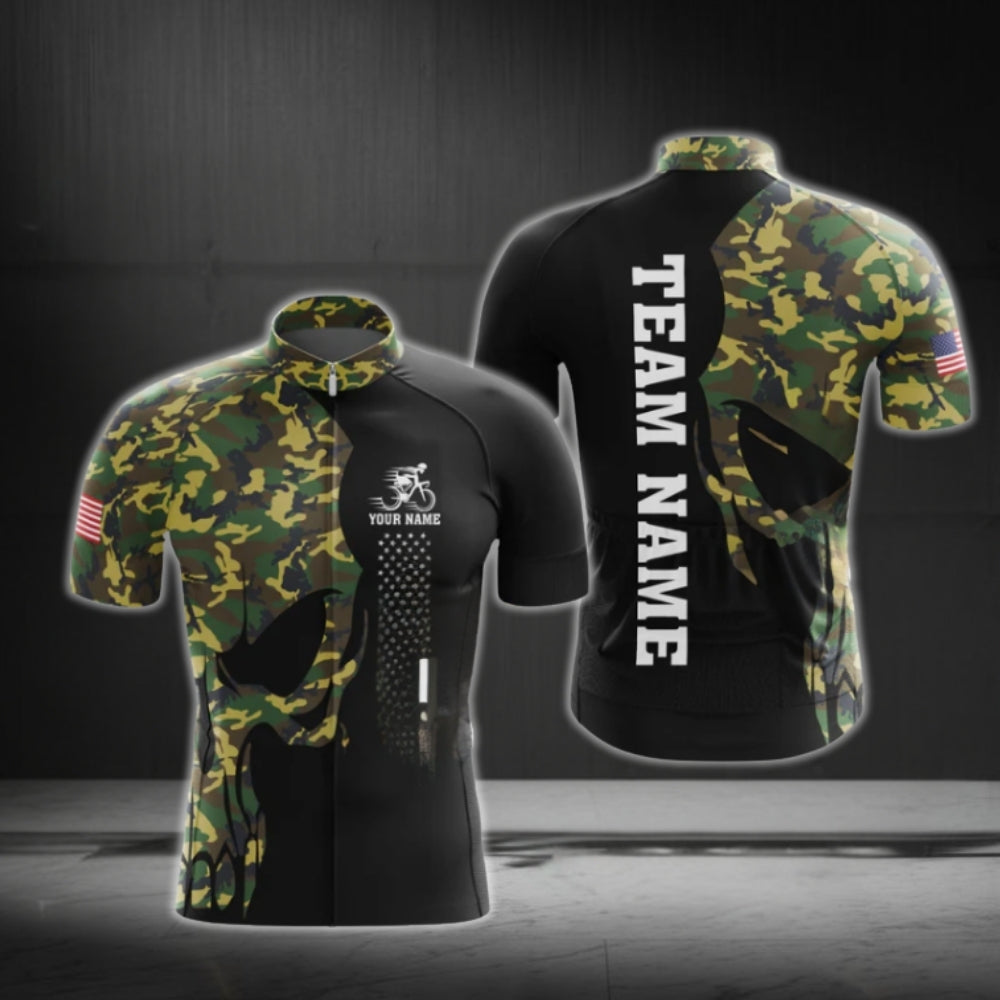 Custom Green Camo Skull Short Sleeve Cycling Jerey For Men, Custom Skull Cycling Jerseys CG0493