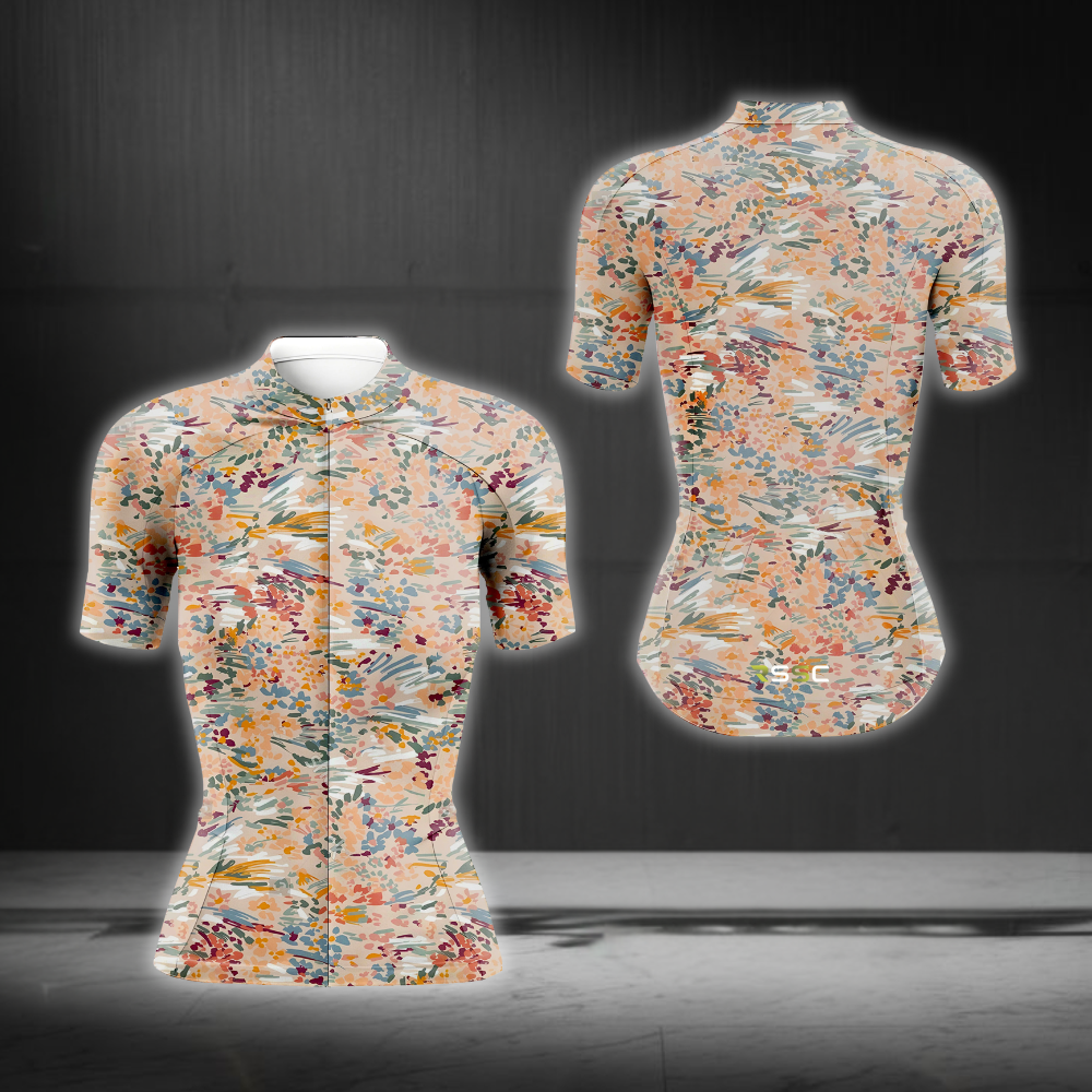 Blooming Flowers Cycling Short Sleeve Jersey Womens, Ladies Floral Beige Cycling Jersey  CG0868