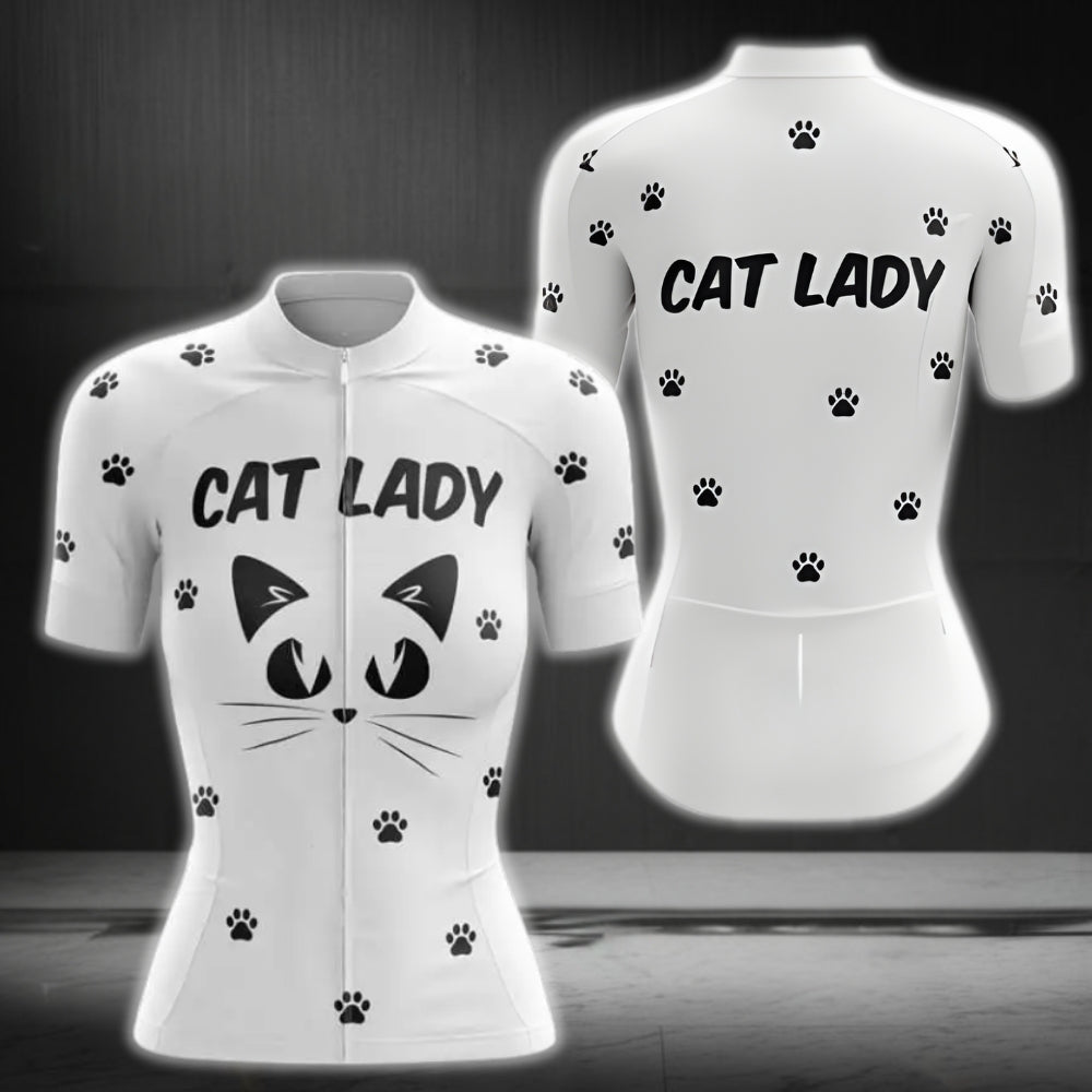 Cat Lady White Cycling Short Sleeve Jersey, Cat Cycling Jerseys For Womens CZ0098