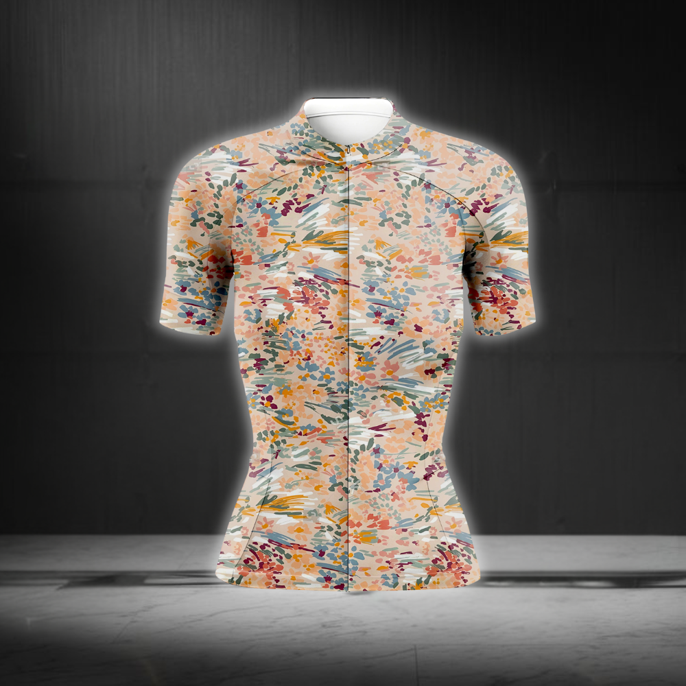 Blooming Flowers Cycling Short Sleeve Jersey Womens, Ladies Floral Beige Cycling Jersey  CG0868