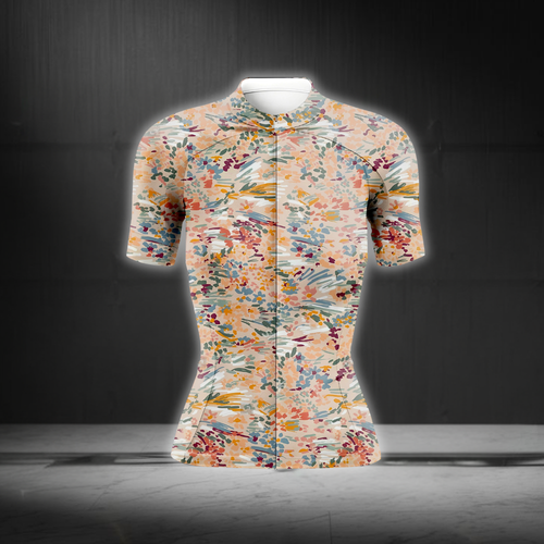 Blooming Flowers Cycling Short Sleeve Jersey Womens, Ladies Floral Beige Cycling Jersey  CG0868