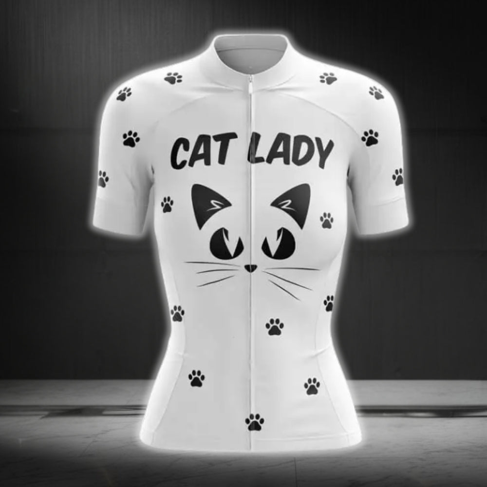 Cat Lady White Cycling Short Sleeve Jersey, Cat Cycling Jerseys For Womens CZ0098