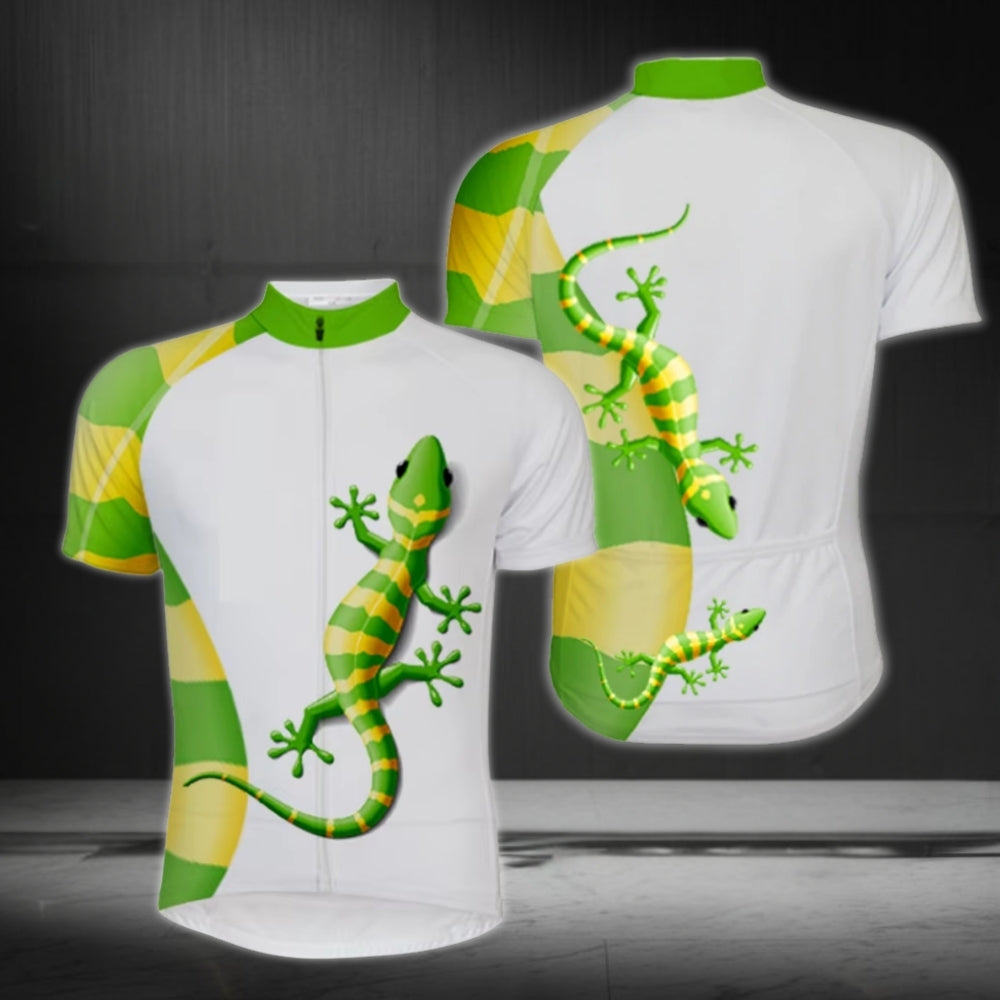 Gecko Green And White Cycling Short Sleeve Jersey For Men, Men's Gecko Cycling Jerseys CZ0104