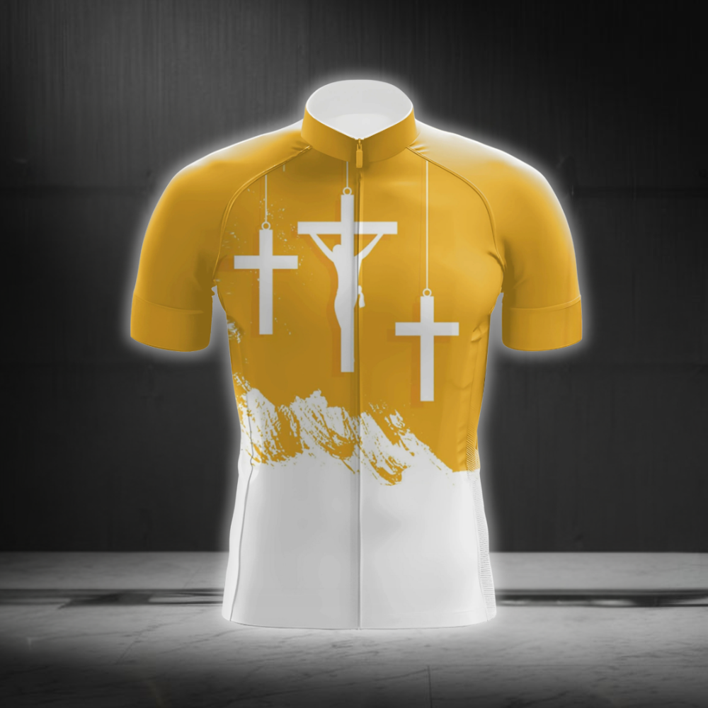 Christian Yellow And White Cycling Short Sleeve Jersey For Men, Christian Cycling Jersey CG0870
