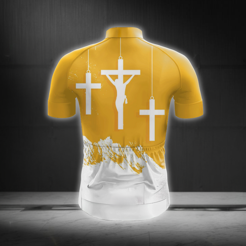 Christian Yellow And White Cycling Short Sleeve Jersey For Men, Christian Cycling Jersey CG0870