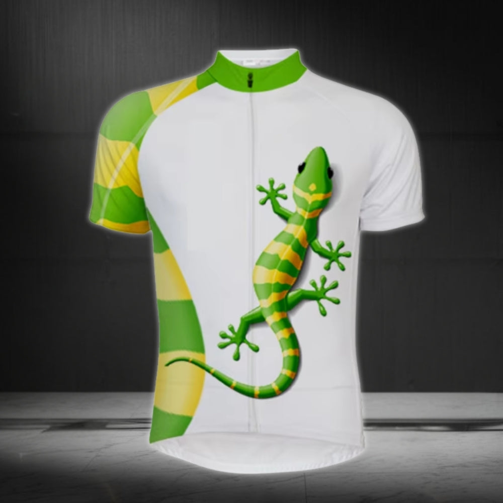 Gecko Green And White Cycling Short Sleeve Jersey For Men, Men's Gecko Cycling Jerseys CZ0104