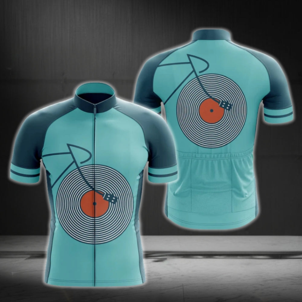 Vinyl Record Blue Teal Cycling Short Sleeve Jersey For Men, Vinyl Lover Cycling Jerseys CG0707