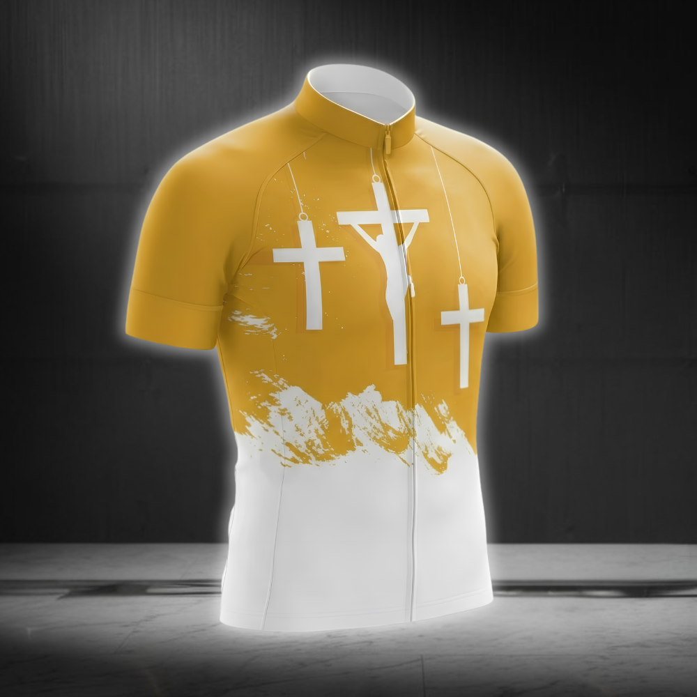 Christian Yellow And White Cycling Short Sleeve Jersey For Men, Christian Cycling Jersey CG0870