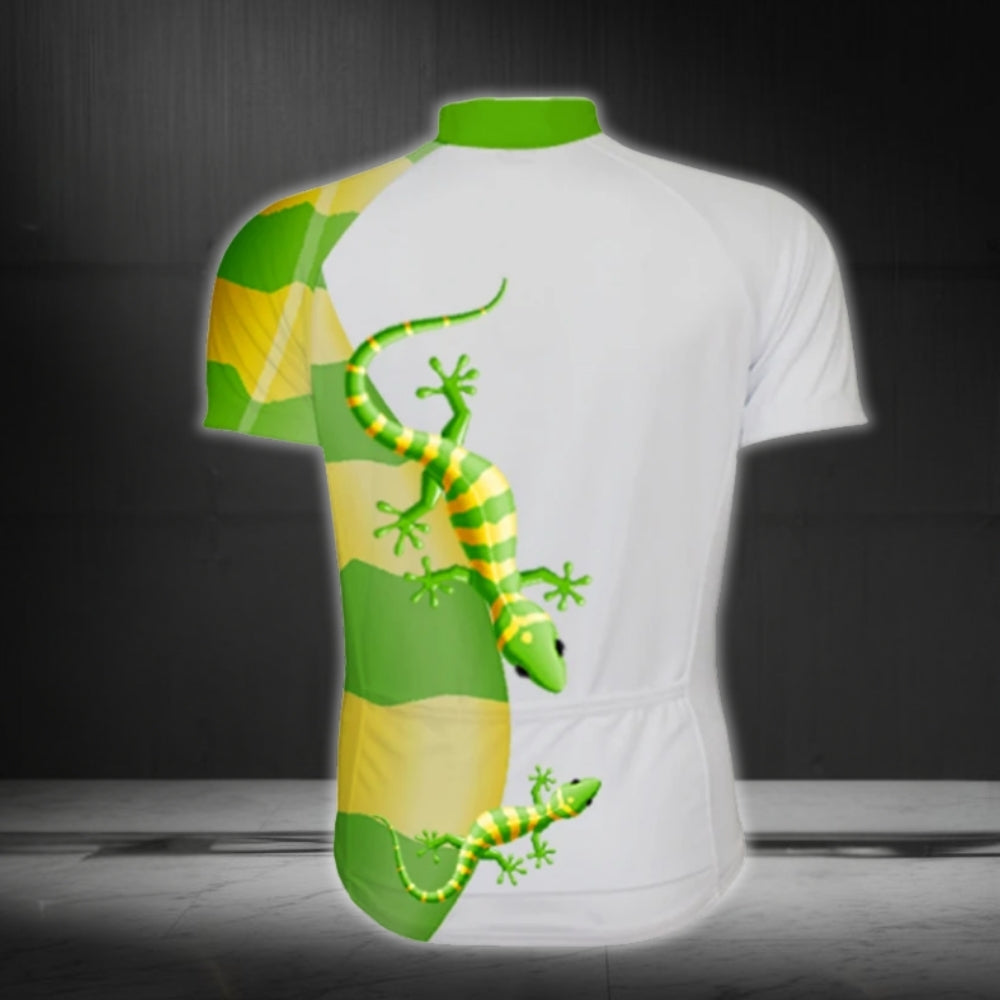 Gecko Green And White Cycling Short Sleeve Jersey For Men, Men's Gecko Cycling Jerseys CZ0104