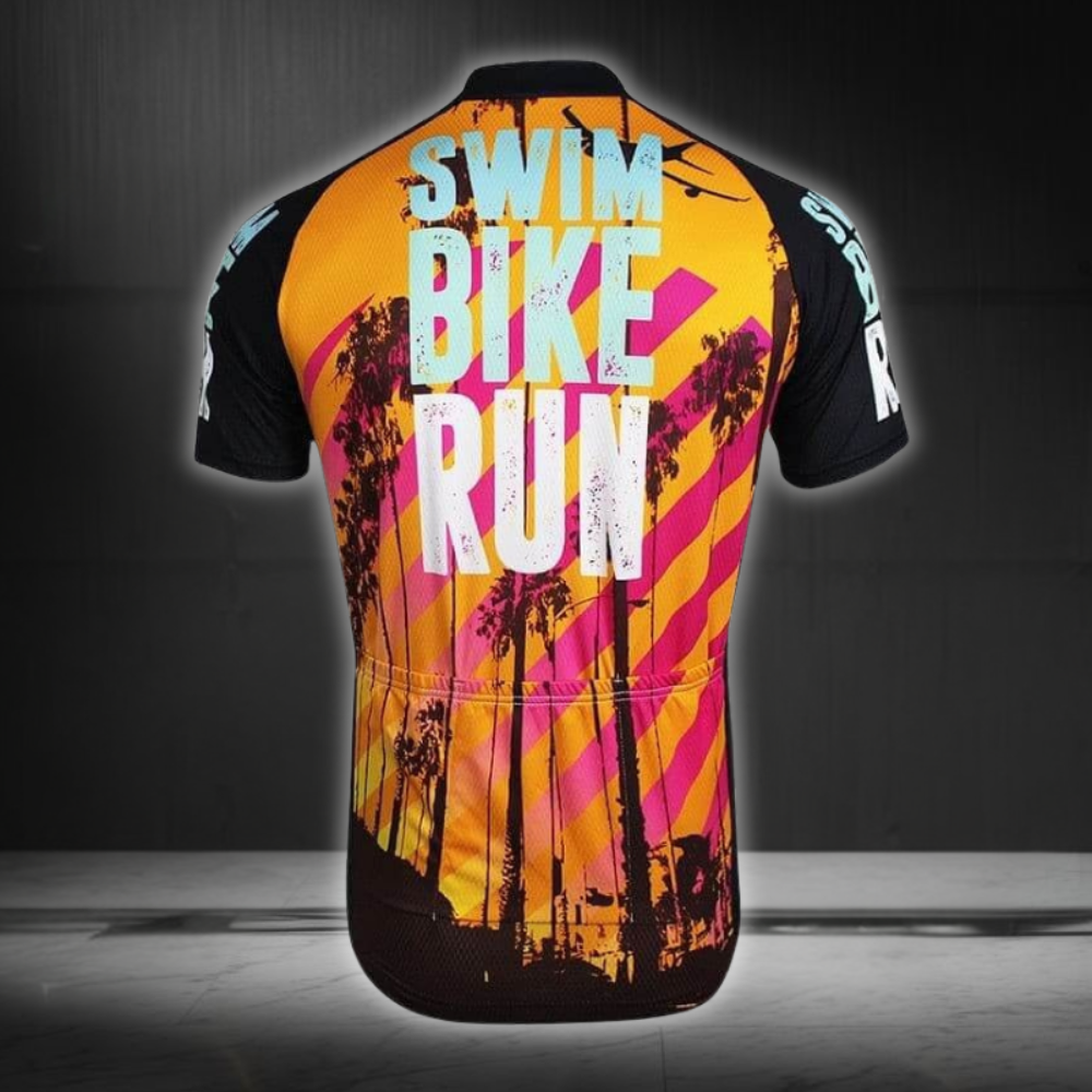 Swim Bike Run Cycling Short Sleeve Jersey For Men, Black Orange Cycling Jersey Shirts CG0830