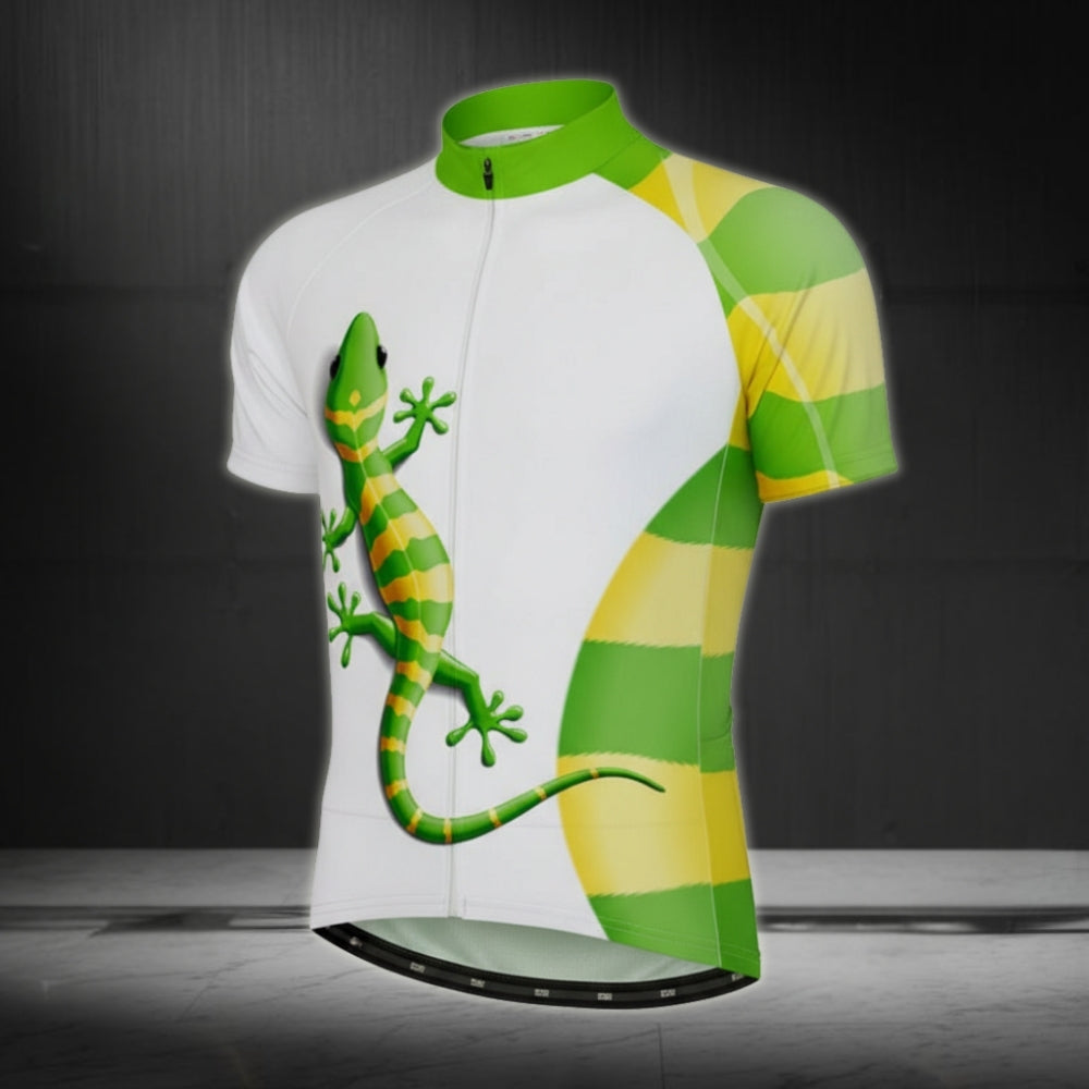 Gecko Green And White Cycling Short Sleeve Jersey For Men, Men's Gecko Cycling Jerseys CZ0104