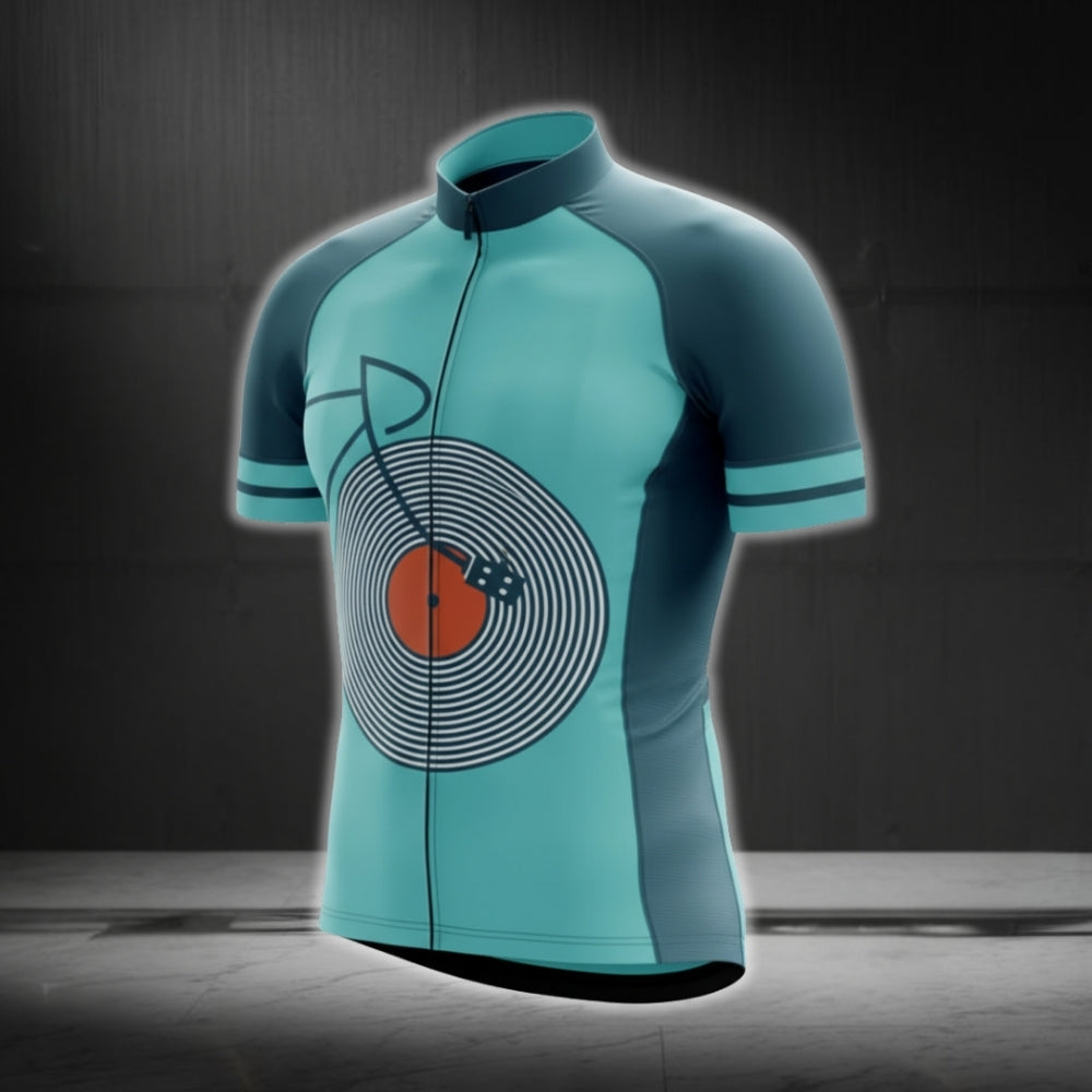 Vinyl Record Blue Teal Cycling Short Sleeve Jersey For Men, Vinyl Lover Cycling Jerseys CG0707