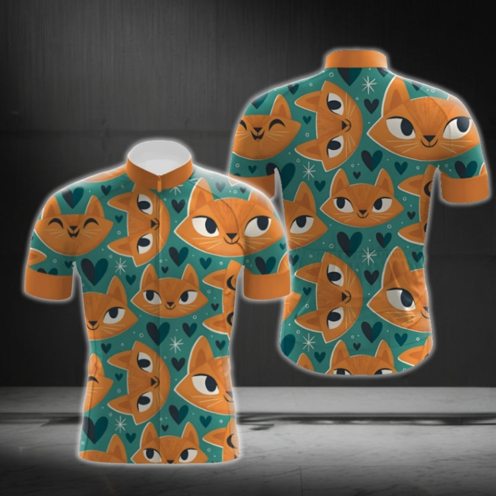 Orange Funny Cat Short Sleeve Men's Cycling Jersey, Cat Lover Cycling Jerseys CG0708