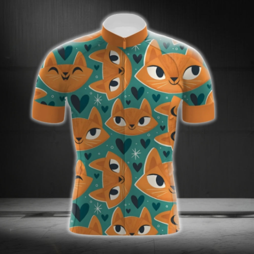 Orange Funny Cat Short Sleeve Men's Cycling Jersey, Cat Lover Cycling Jerseys CG0708