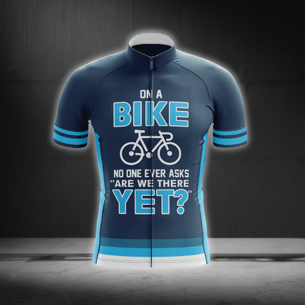 On A Bike No One Ever Asks Are We There Yet Men's Cycling Short Sleeve Jersey, Funny Blue Cycling Jersey CG0874