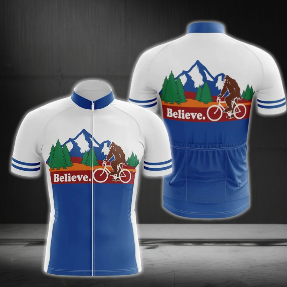 Blue And White Bigfoot Cycling Jersey Mens Short Sleeve, Bigfoot Sasquatch Cycling Jerseys CG0153