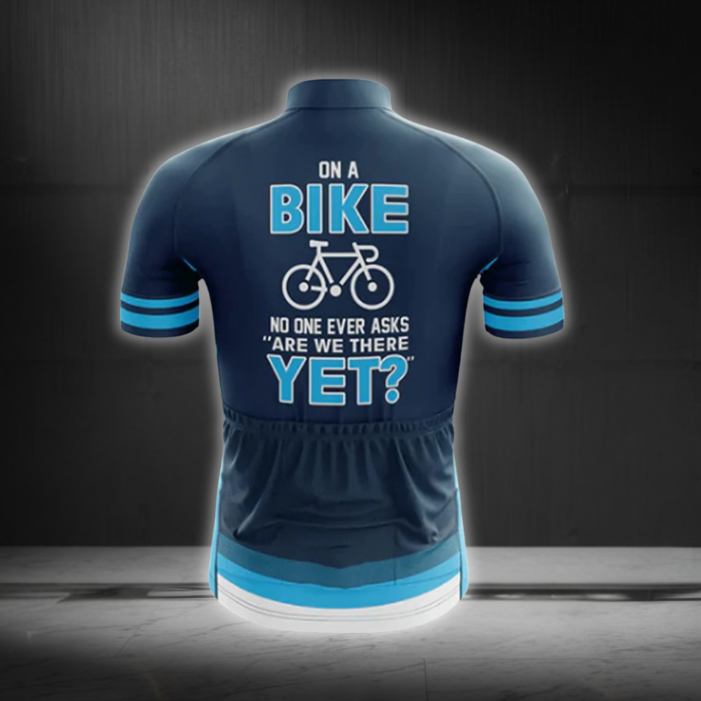 On A Bike No One Ever Asks Are We There Yet Men's Cycling Short Sleeve Jersey, Funny Blue Cycling Jersey CG0874