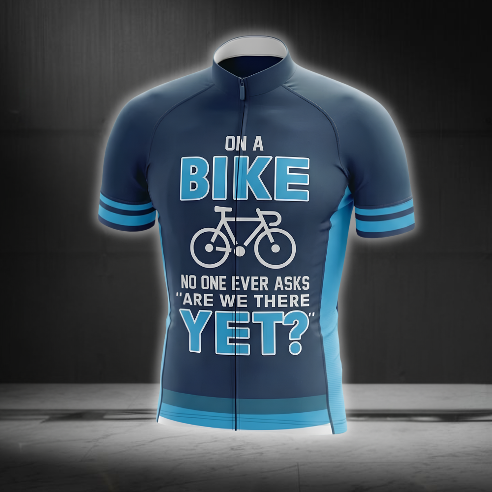 On A Bike No One Ever Asks Are We There Yet Men's Cycling Short Sleeve Jersey, Funny Blue Cycling Jersey CG0874