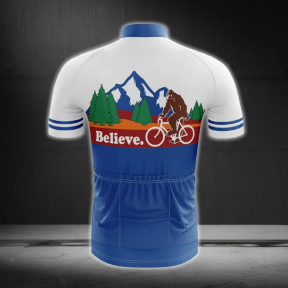 Blue And White Bigfoot Cycling Jersey Mens Short Sleeve, Bigfoot Sasquatch Cycling Jerseys CG0153