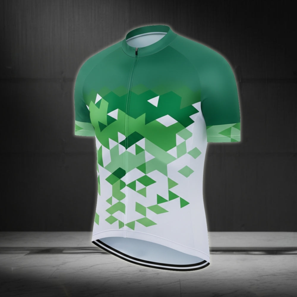 Green White Geometric Short Sleeve Cycling Jersey For Mens, Men's Cycling Jersey CZ0035