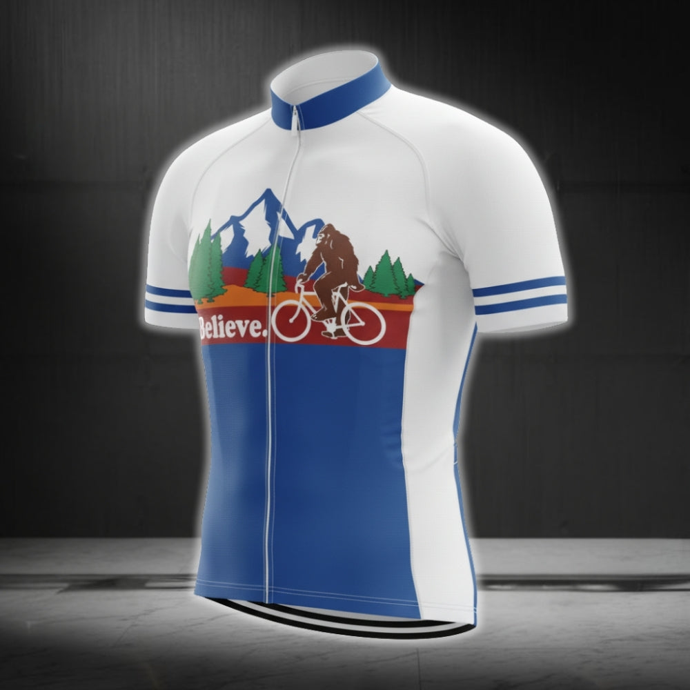Blue And White Bigfoot Cycling Jersey Mens Short Sleeve, Bigfoot Sasquatch Cycling Jerseys CG0153