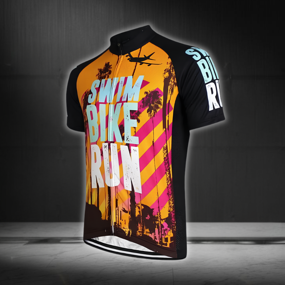 Swim Bike Run Cycling Short Sleeve Jersey For Men, Black Orange Cycling Jersey Shirts CG0830