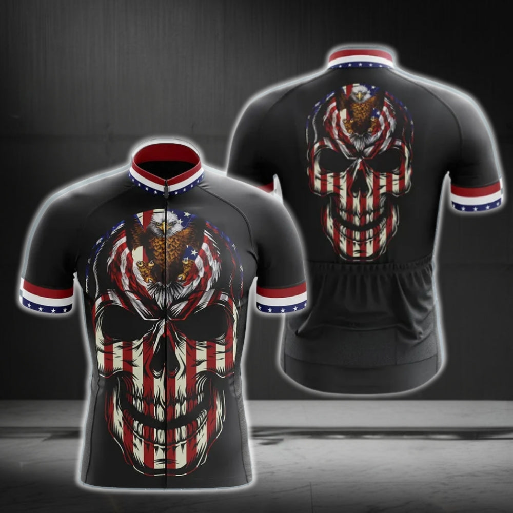 US Flag Skull Short Sleeve Cycling Jersey For Men, Skull Patriotic Cycling Jerseys CG0094
