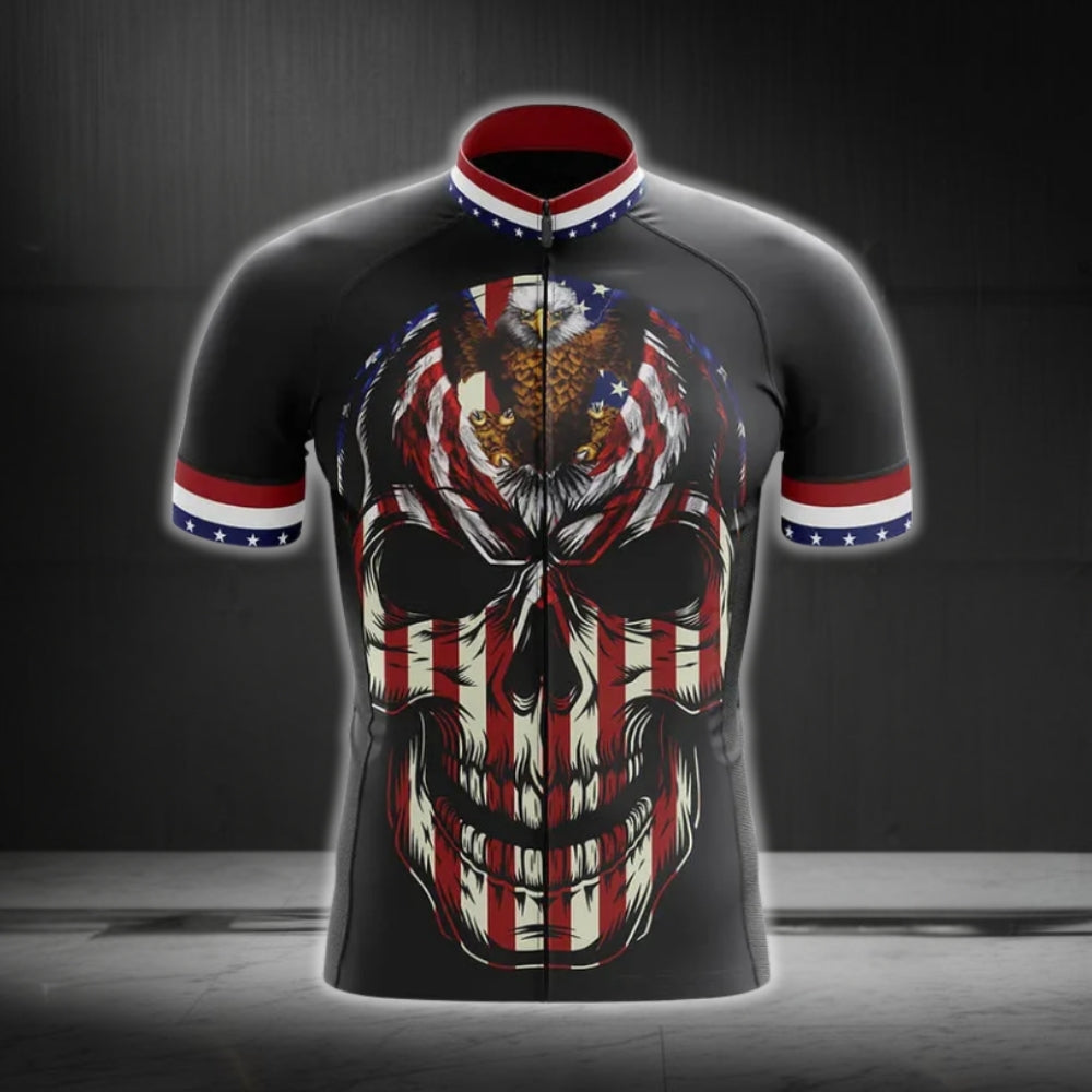 US Flag Skull Short Sleeve Cycling Jersey For Men, Skull Patriotic Cycling Jerseys CG0094