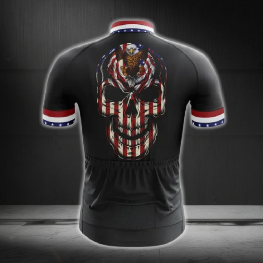 US Flag Skull Short Sleeve Cycling Jersey For Men, Skull Patriotic Cycling Jerseys CG0094