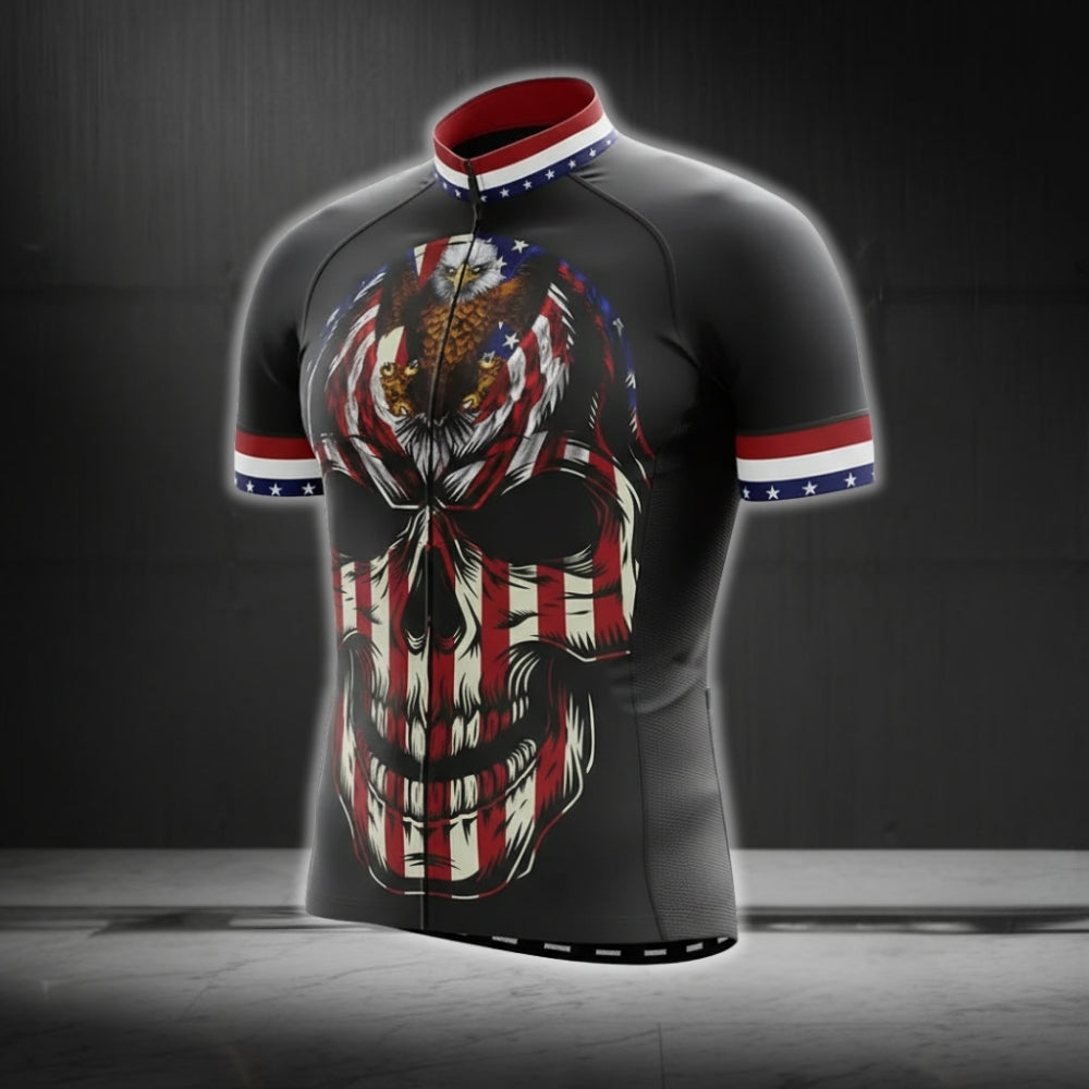 US Flag Skull Short Sleeve Cycling Jersey For Men, Skull Patriotic Cycling Jerseys CG0094