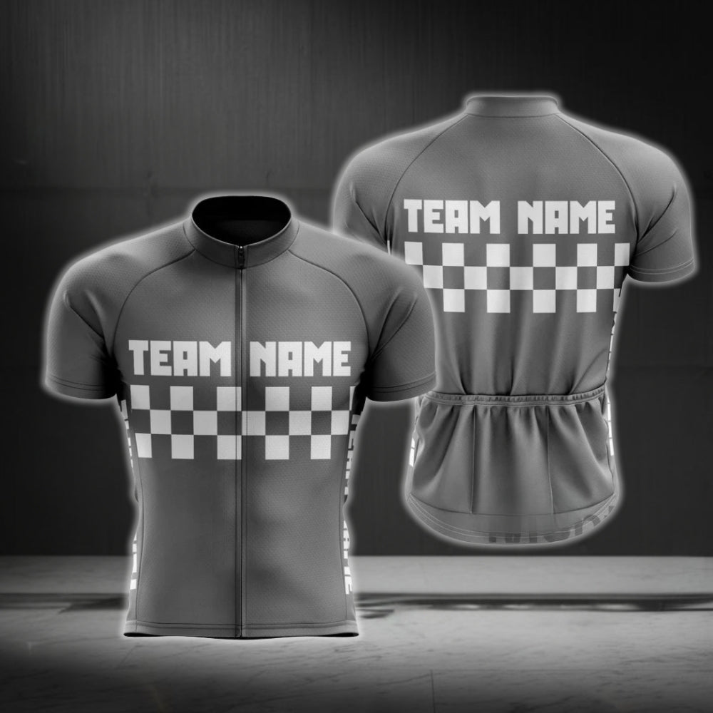 Custom Grey Checkered Short Sleeve Cycling Jersey For Men, Custom Team Cycling Jerseys CG0501