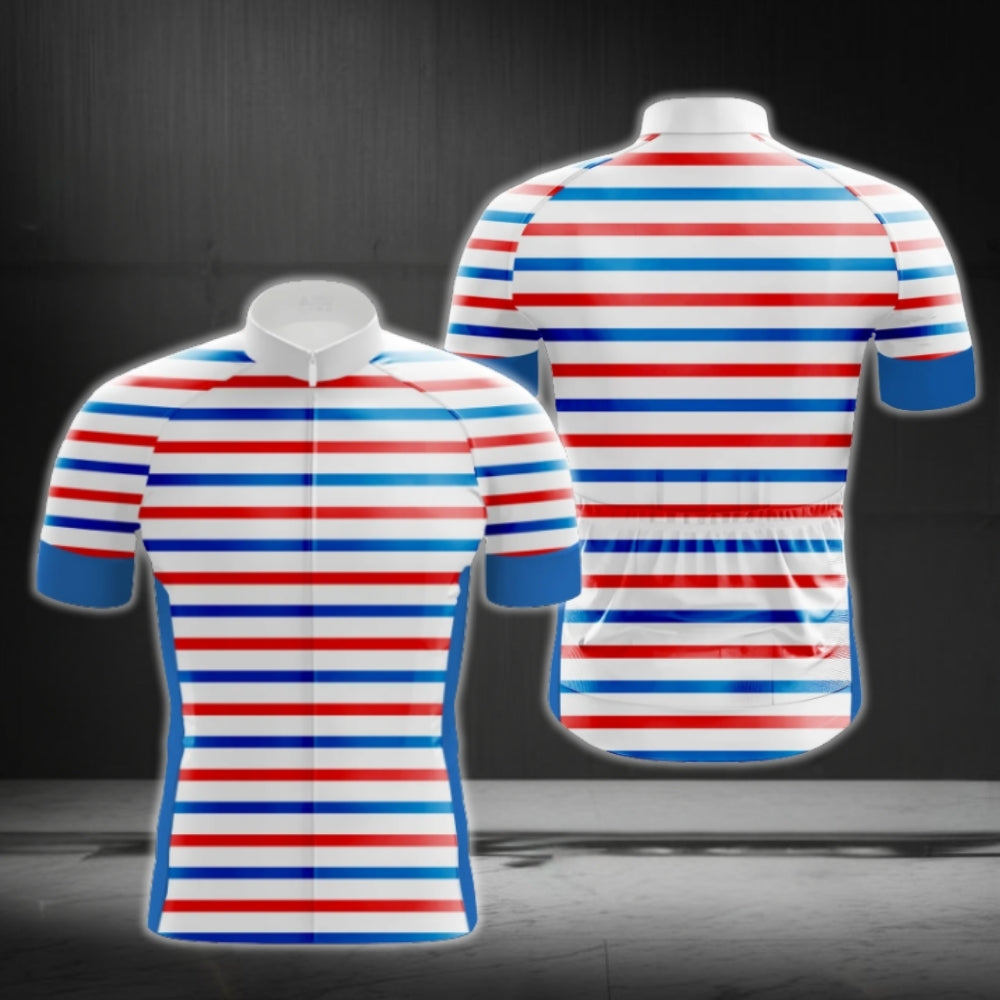 Stripe Blue Red White Men's Short Sleeve Cycling Jersey, Striped Cycling Jersey For Men CG0713