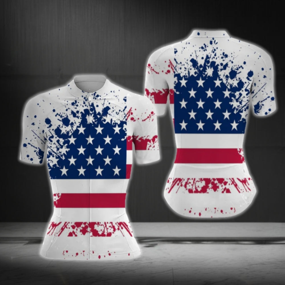 American Flag White Grunge Cycling Short Sleeve Jersey Women, Patriotic Cycling Jerseys For Ladies CG0122