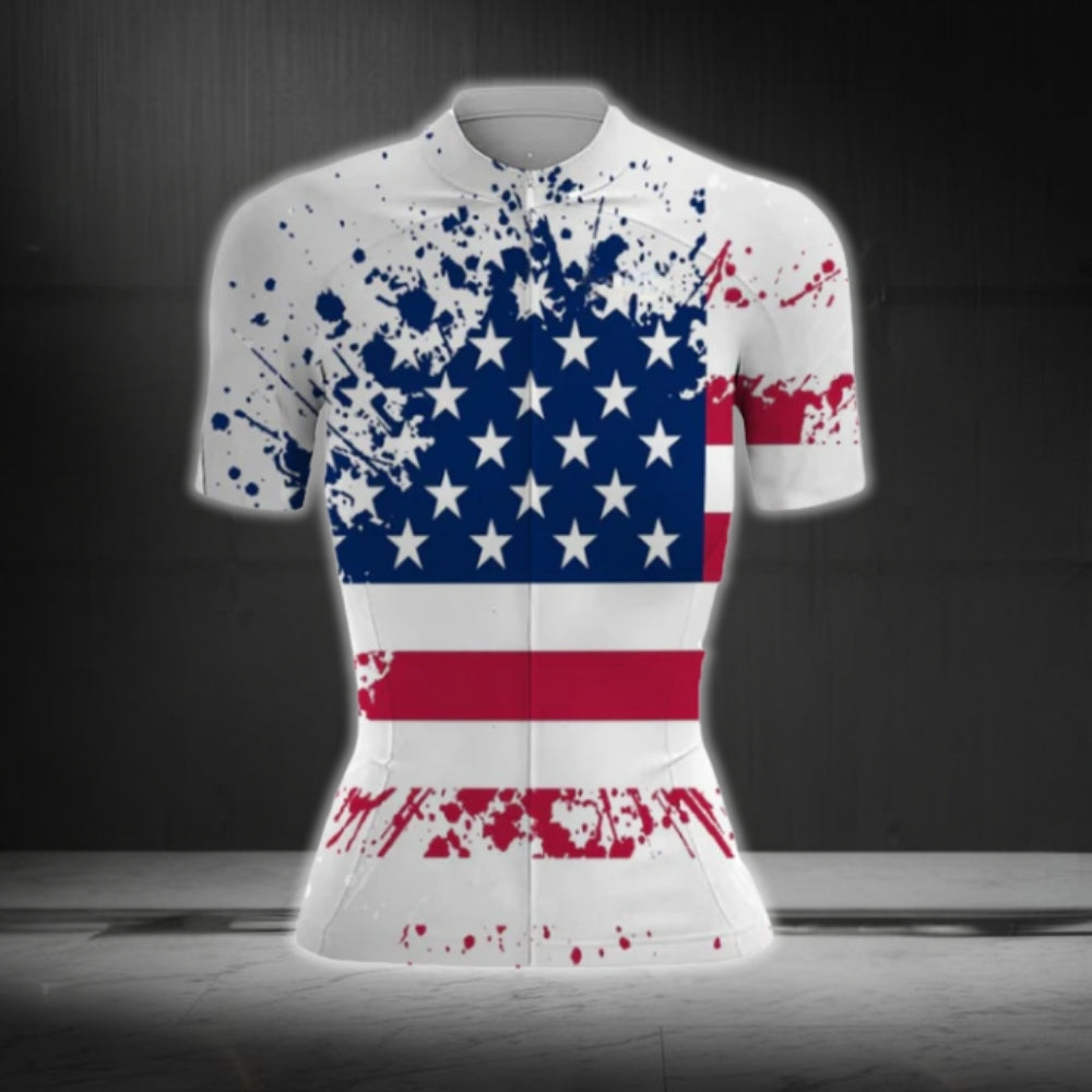 American Flag White Grunge Cycling Short Sleeve Jersey Women, Patriotic Cycling Jerseys For Ladies CG0122