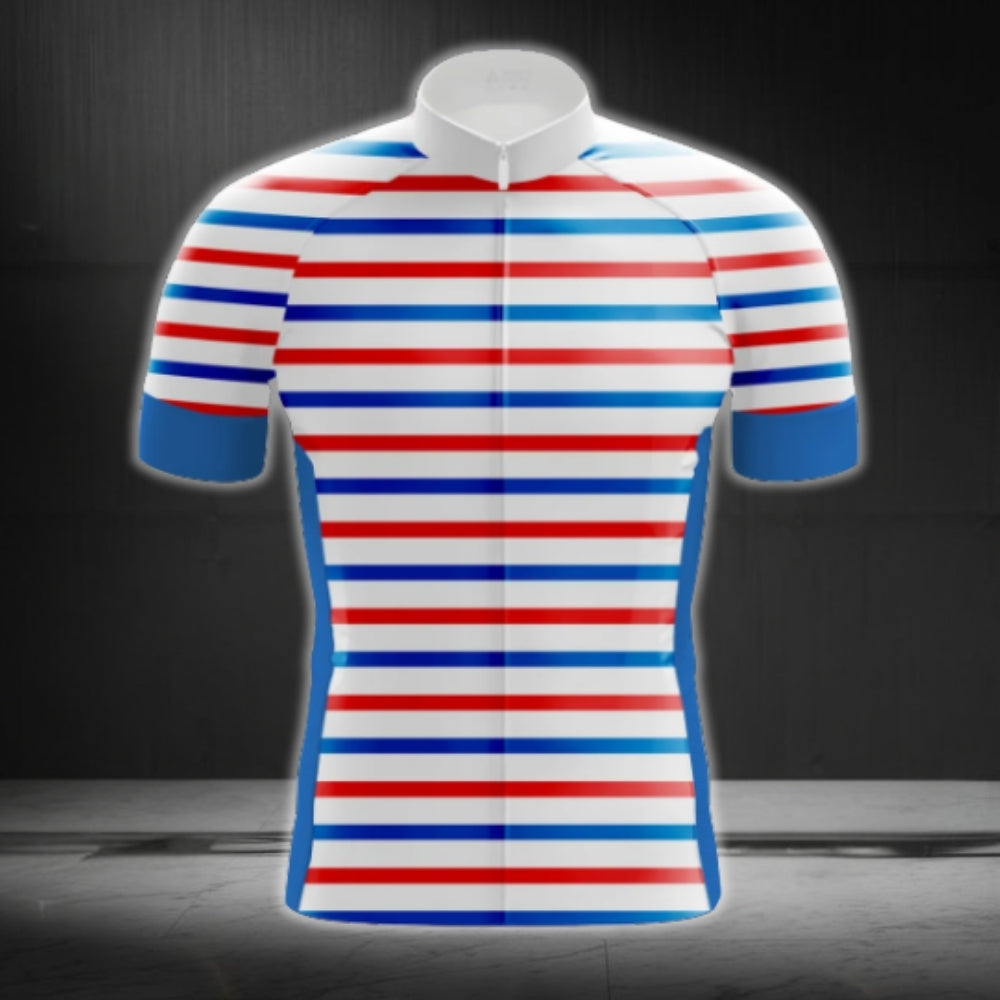 Stripe Blue Red White Men's Short Sleeve Cycling Jersey, Striped Cycling Jersey For Men CG0713