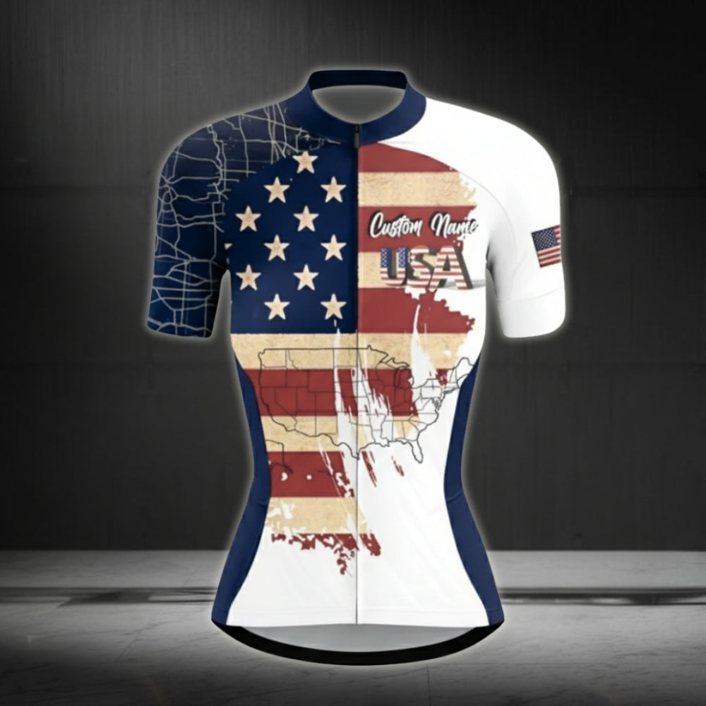 Custom American Flag Cycling Short Sleeve Jersey For Women CZ0004