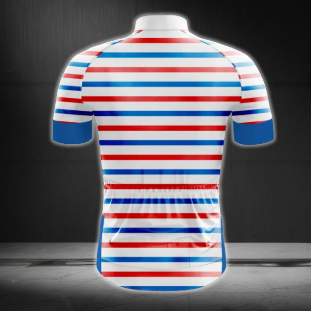 Stripe Blue Red White Men's Short Sleeve Cycling Jersey, Striped Cycling Jersey For Men CG0713