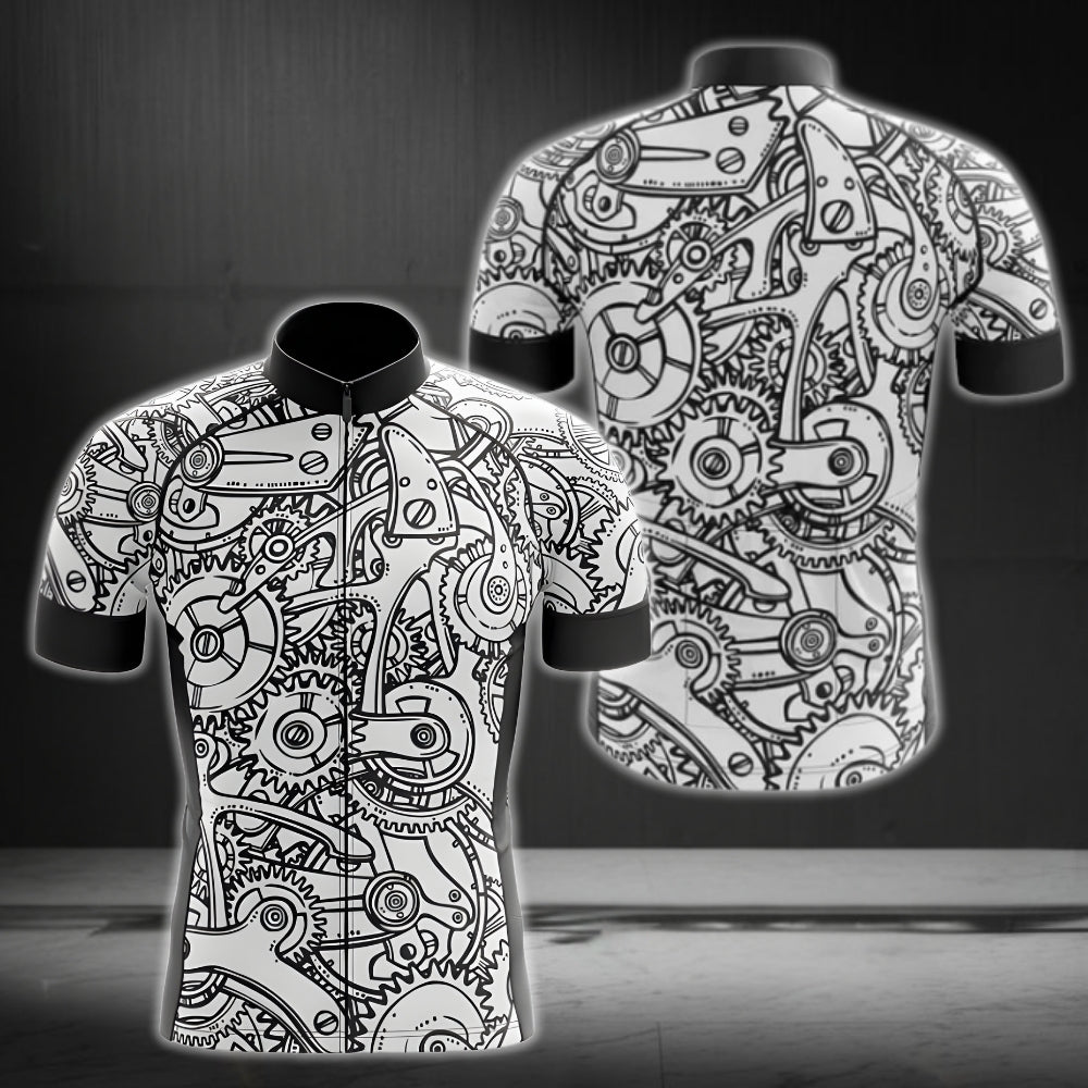 Gear Pattern Black And White Men's Short Sleeve Cycling Jersey, Cycling Jerseys For Mens CG0003